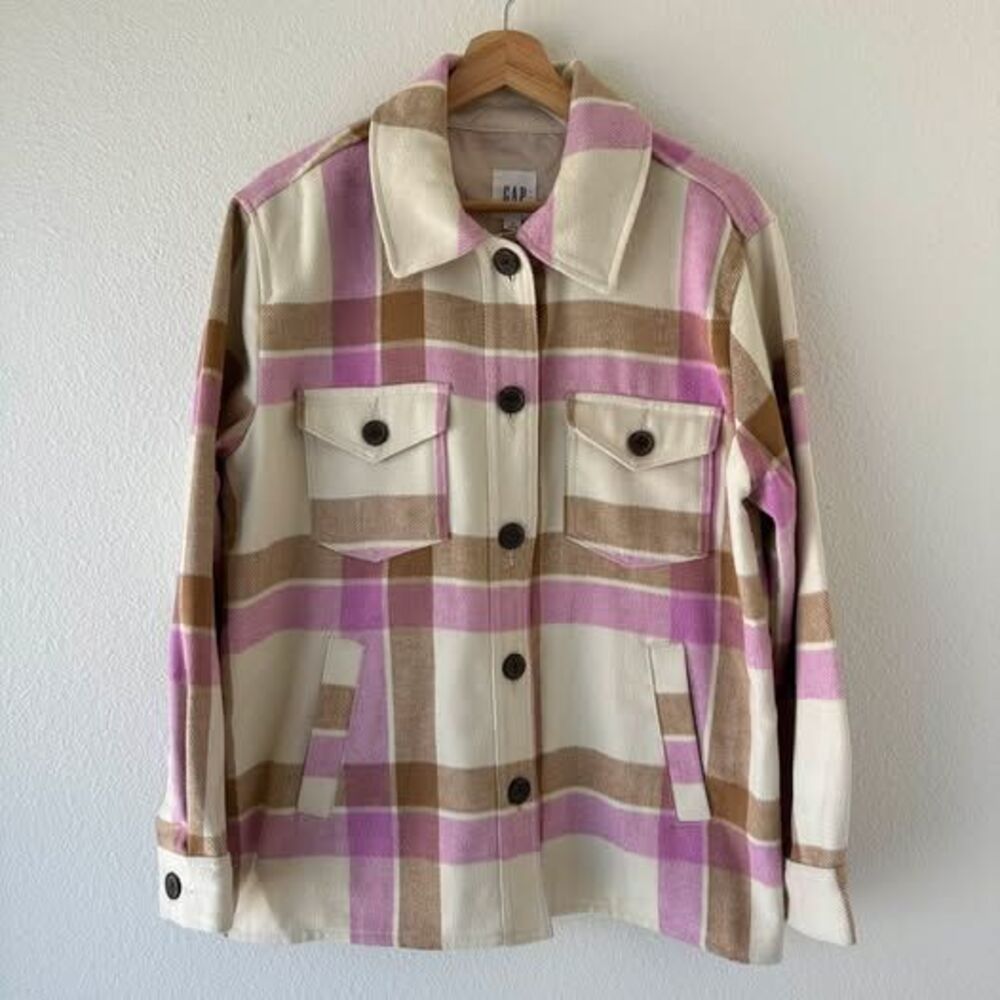 GAP Plaid Jacket Women’s Medium Pink Cream Brown Wool Blend Shacket Fall